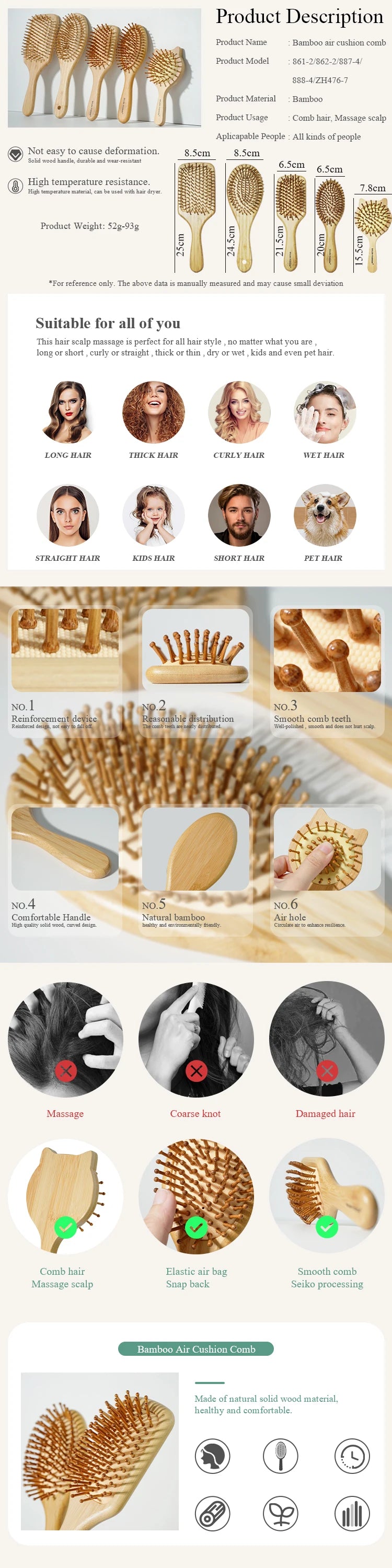 🪵 SabbaVie™ Natural Bamboo Hair Comb Collection — Anti-Static Massage & Detangling Brush Set