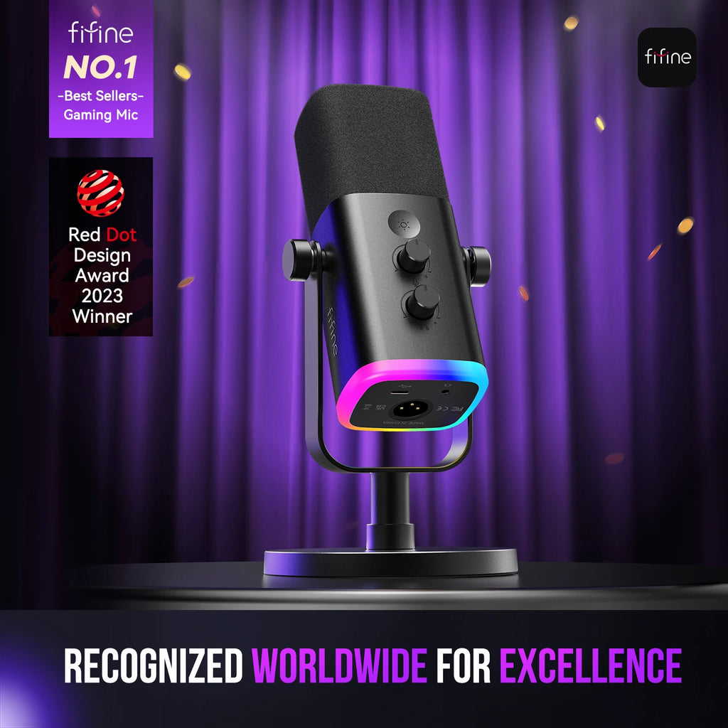 FIFINE™ Portable RGB Gaming Microphone with Noise Reduction & USB Plug-and-Play Dock (Sold by SabbaVie™)