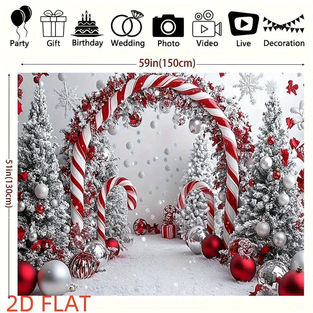 SabbaVie™ Shiny Christmas Tree Backdrop – Festive Candy Cane & Snowflake Party Banner Cloth
