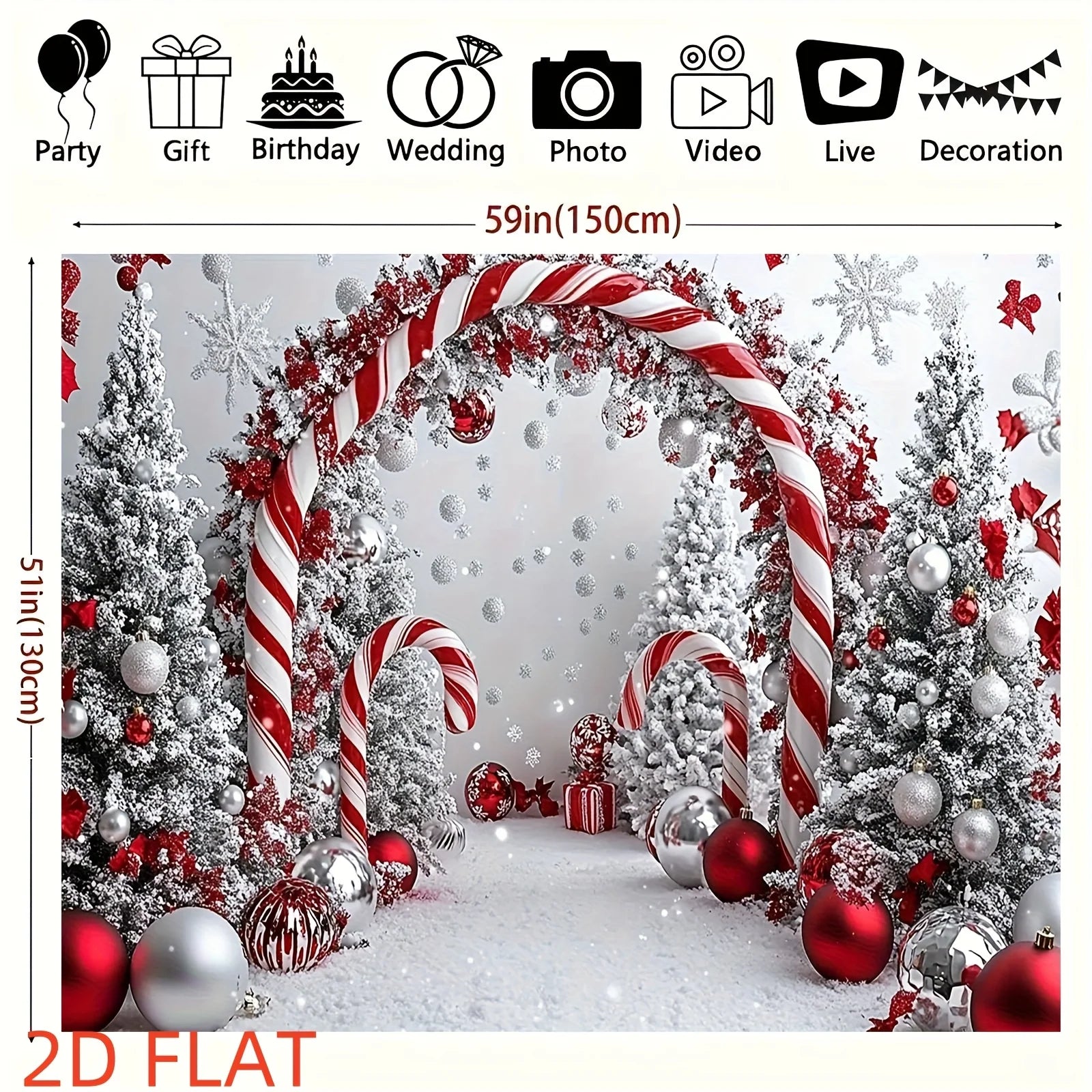 SabbaVie™ Shiny Christmas Tree Backdrop – Festive Candy Cane & Snowflake Party Banner Cloth
