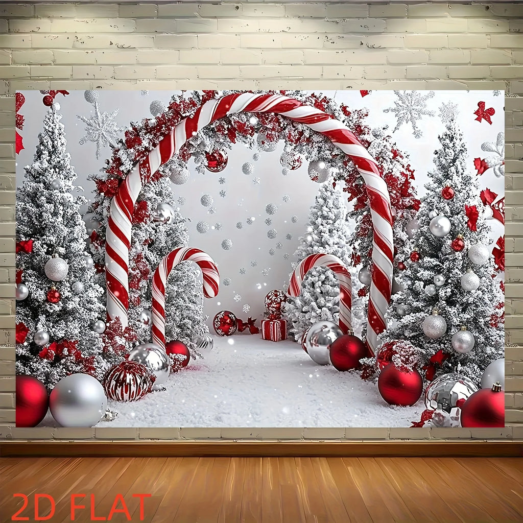 SabbaVie™ Shiny Christmas Tree Backdrop – Festive Candy Cane & Snowflake Party Banner Cloth