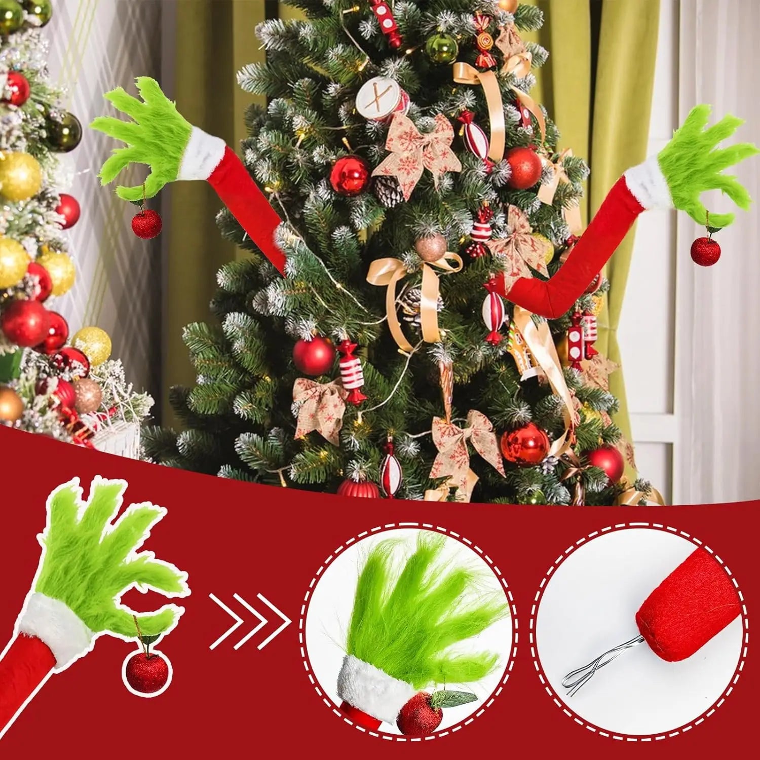 SabbaVie™ Grinch-Style Christmas Tree Arms – Funny Green Monster Elf Arm Decorations