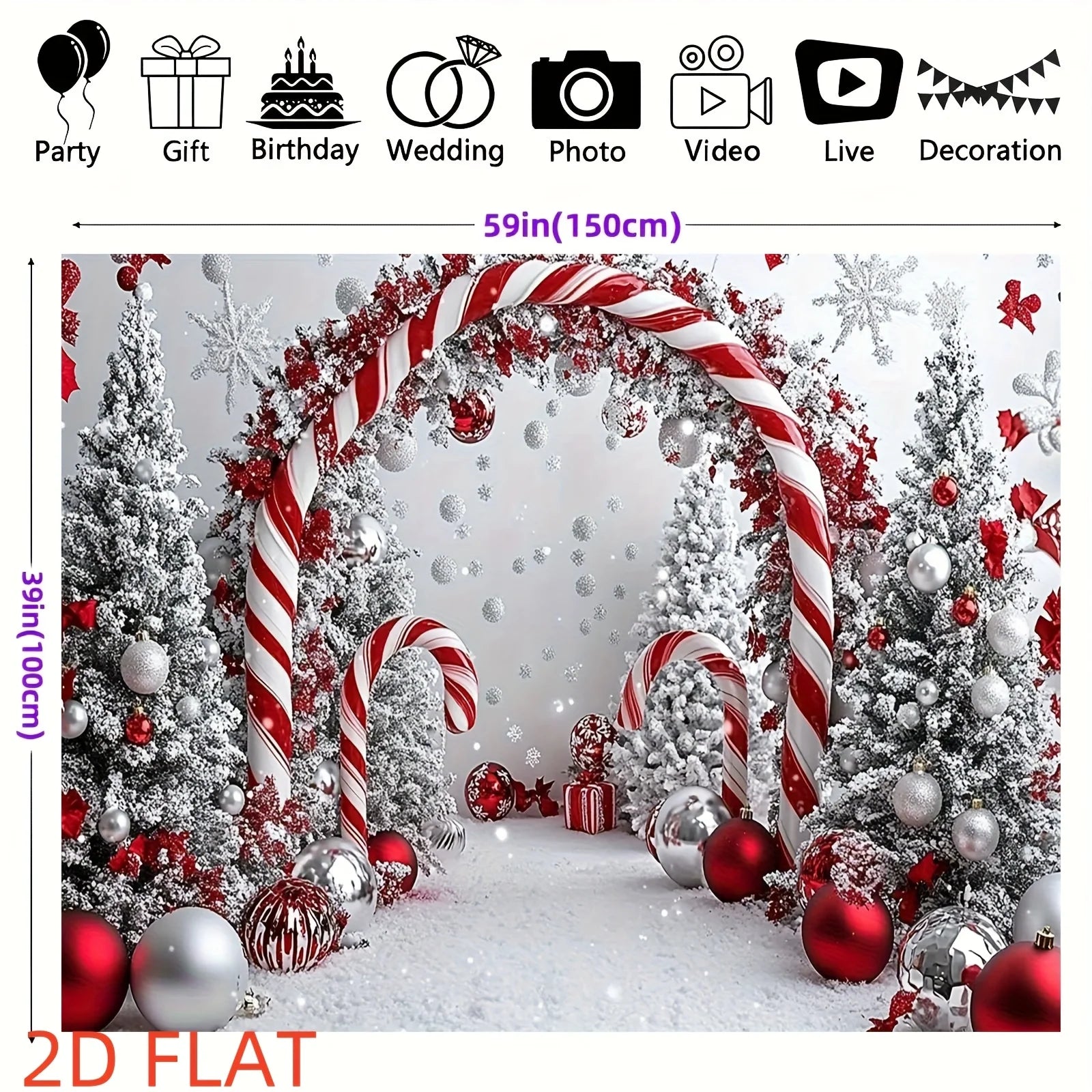 SabbaVie™ Shiny Christmas Tree Backdrop – Festive Candy Cane & Snowflake Party Banner Cloth