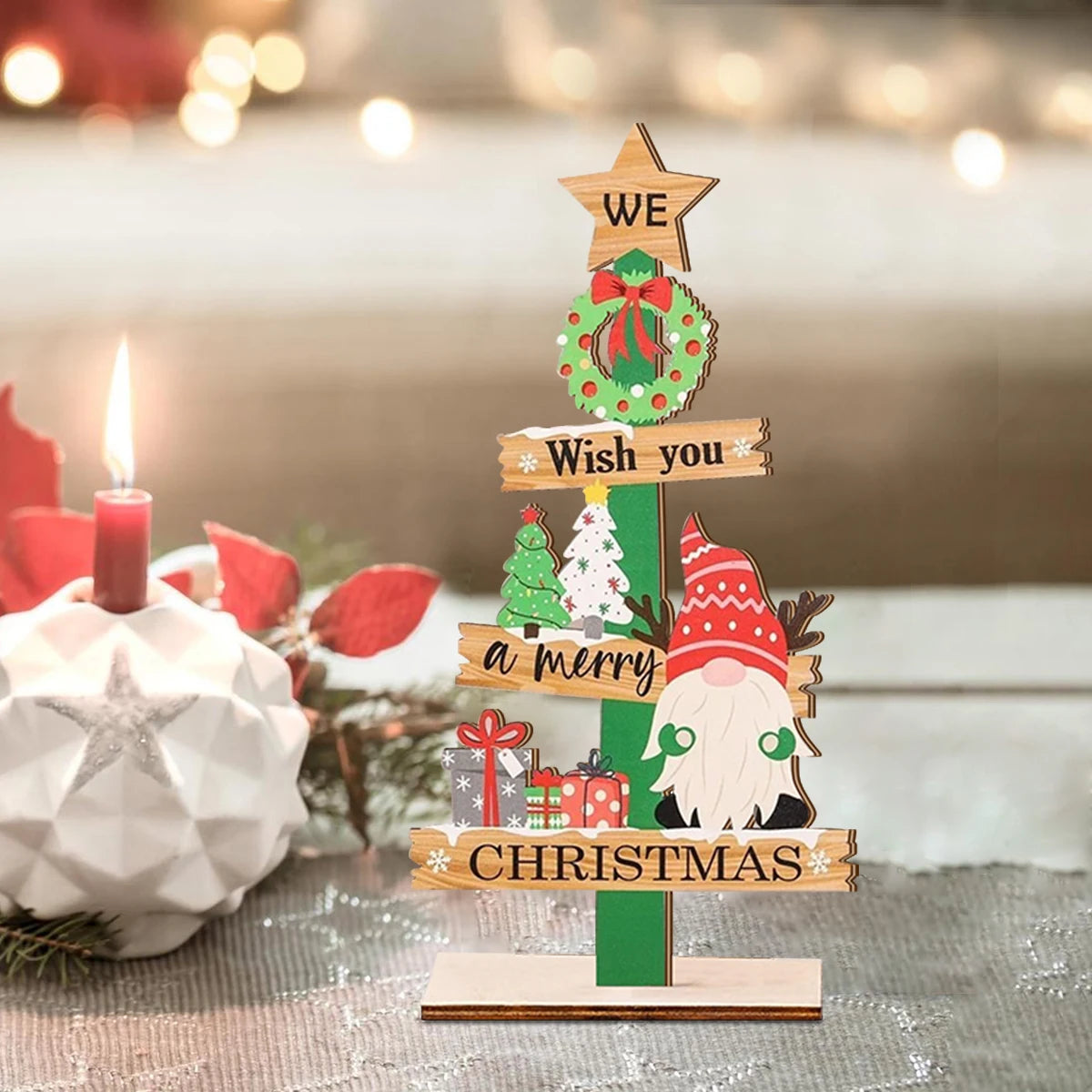 Wooden Christmas Tree Ornament – Festive LED Rustic Decoration for Holiday Homes