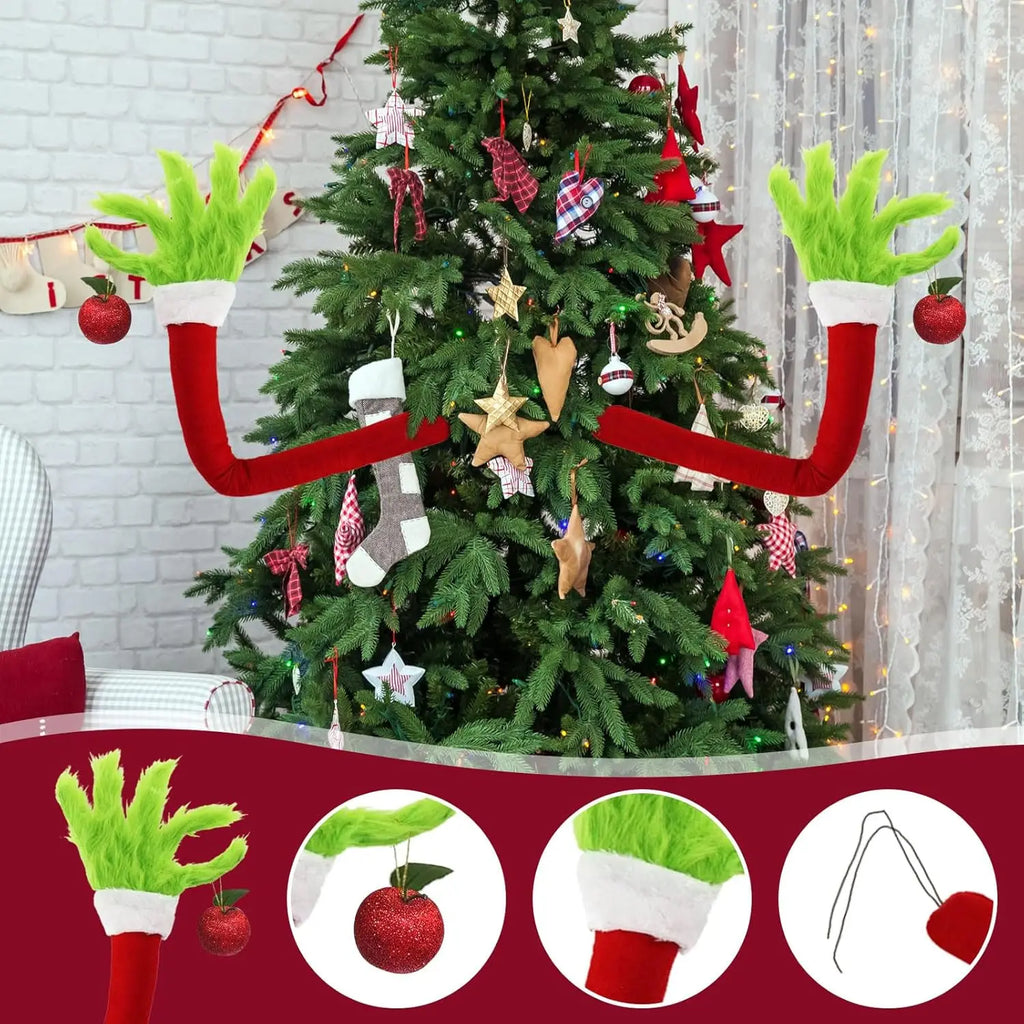 SabbaVie™ Grinch-Style Christmas Tree Arms – Funny Green Monster Elf Arm Decorations