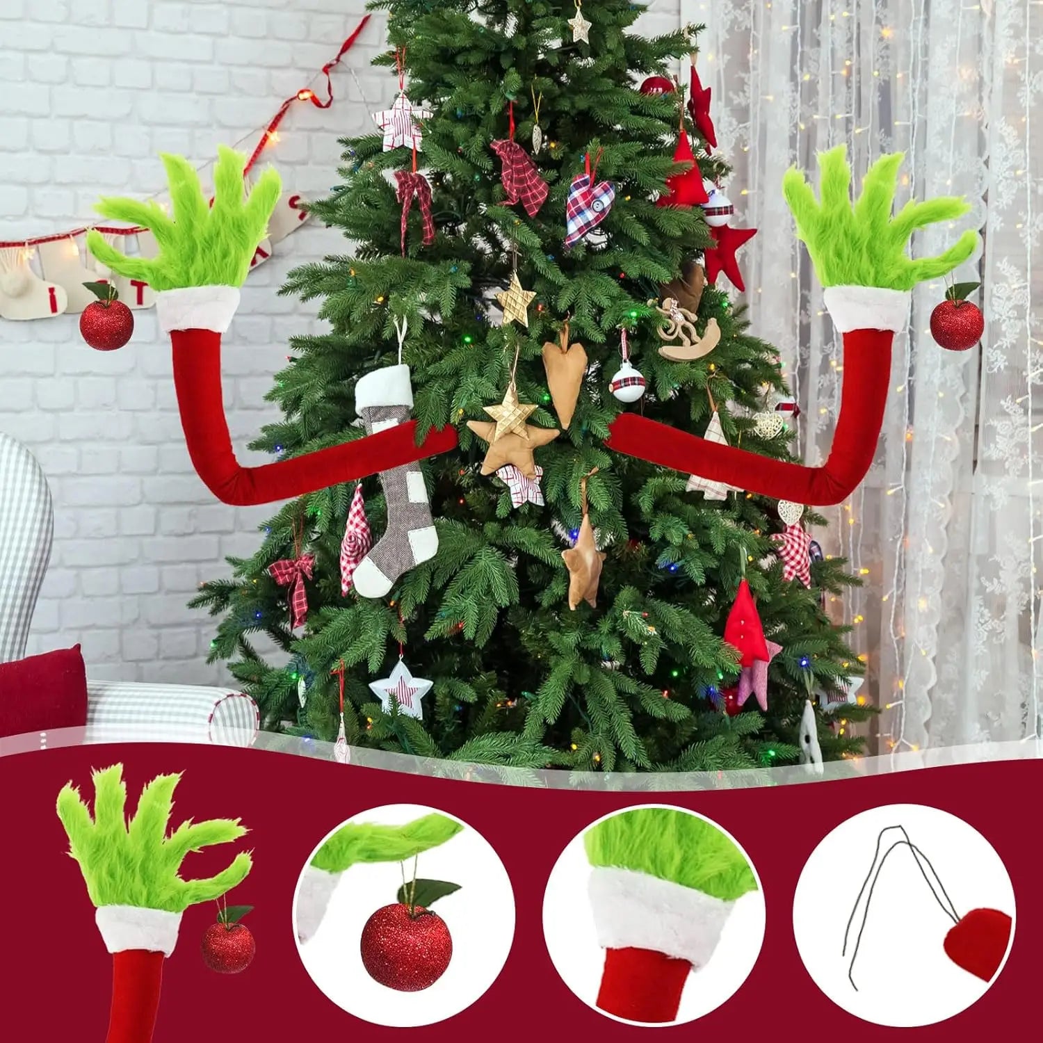 SabbaVie™ Grinch-Style Christmas Tree Arms – Funny Green Monster Elf Arm Decorations