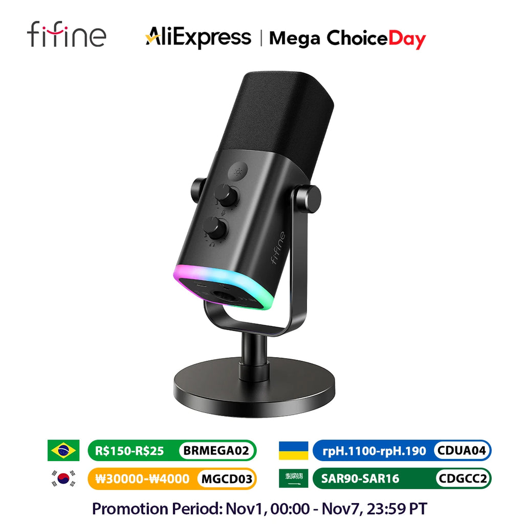FIFINE™ Portable RGB Gaming Microphone with Noise Reduction & USB Plug-and-Play Dock (Sold by SabbaVie™)