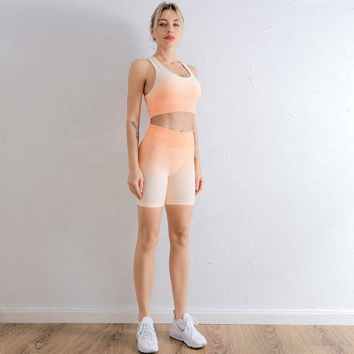 Luxury Gradient Seamless 2-Piece Yoga & Gym Outfit Set – Sports Bra & High-Waist Shorts (Sold by SabbaVie™)