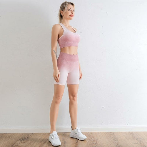 Luxury Gradient Seamless 2-Piece Yoga & Gym Outfit Set – Sports Bra & High-Waist Shorts (Sold by SabbaVie™)