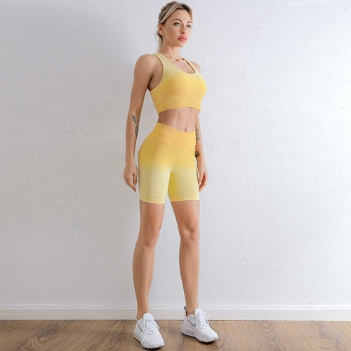 Luxury Gradient Seamless 2-Piece Yoga & Gym Outfit Set – Sports Bra & High-Waist Shorts (Sold by SabbaVie™)