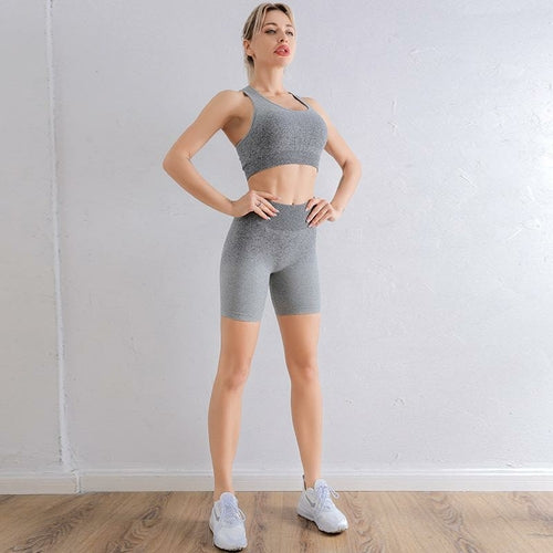 Luxury Gradient Seamless 2-Piece Yoga & Gym Outfit Set – Sports Bra & High-Waist Shorts (Sold by SabbaVie™)