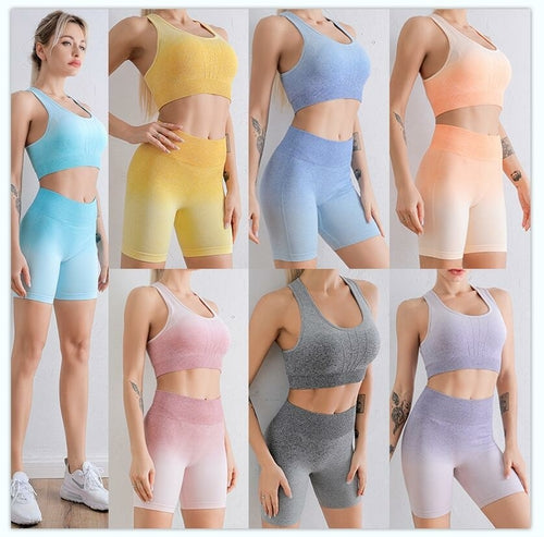 Luxury Gradient Seamless 2-Piece Yoga & Gym Outfit Set – Sports Bra & High-Waist Shorts (Sold by SabbaVie™)